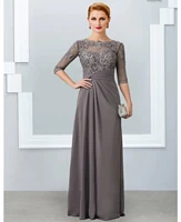 gray mother of the bride dress 2022 elegant jewel floor length chiffon lace half sleeve appliques new bridal party gowns