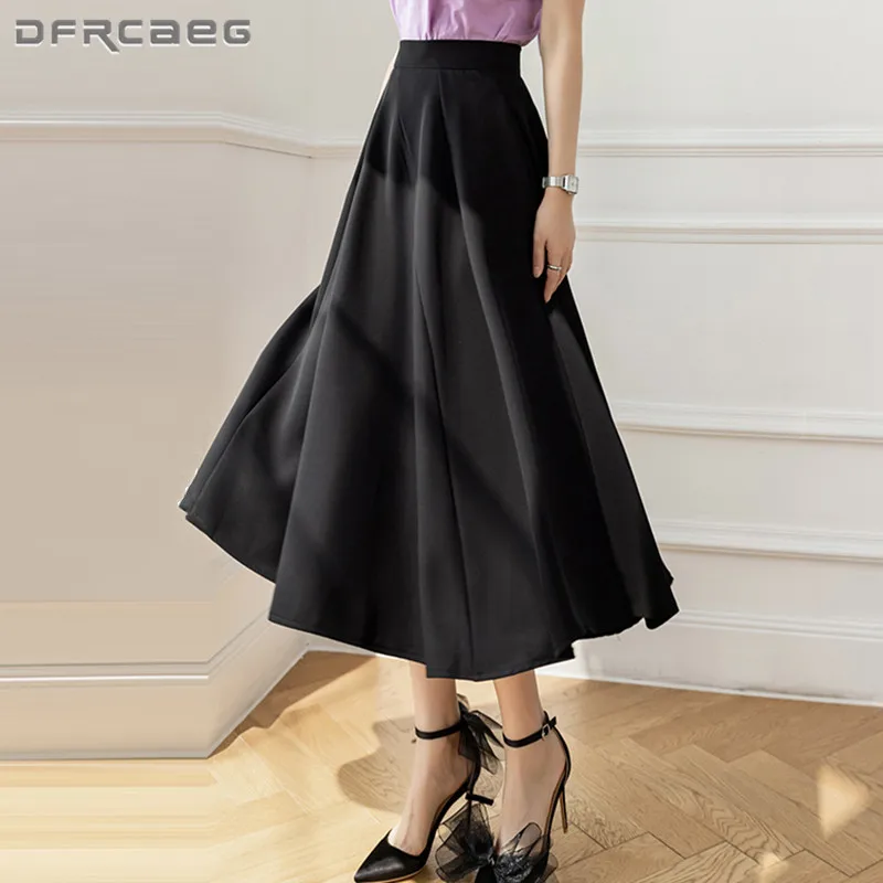 

Elegant Fashion Women's Summer A-Line Skirt With Pocket 2022 Korea Style Casual Big Swing Pleated Long Skirts Female Khaki
