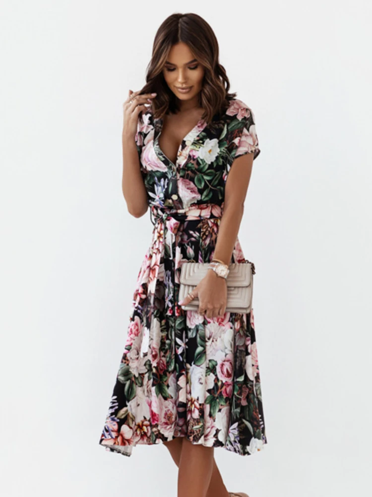 

Платье женское средней длины с V-образным вырезом, пикантное милое повседневное свободное элегантное с принтом и коротким рукавом, с поясом,...