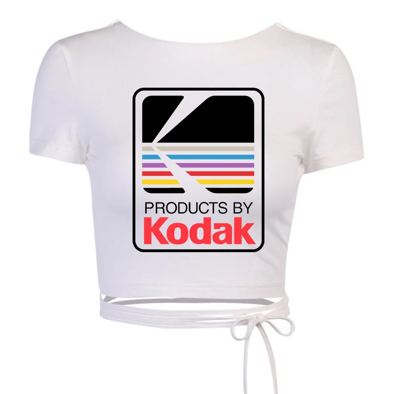 

Бандажная белая футболка с открытой спиной, INS Корейский ретро повседневный короткий топ Kodak с буквенным принтом, модные милые футболки с ко...