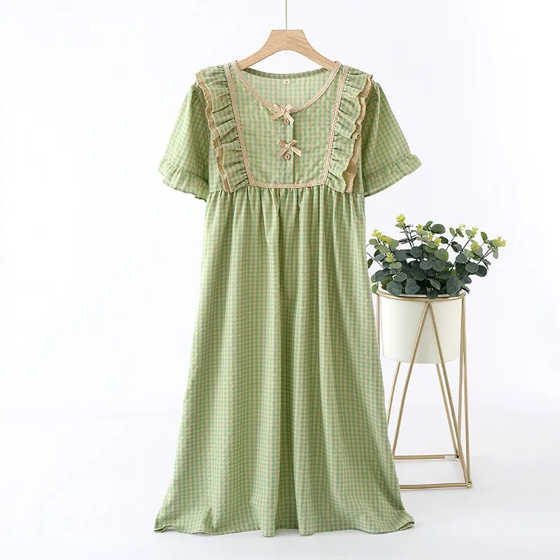 Household to take female cotton printed green grid nightgown women's summer bud silk pajamas lady with short sleeves