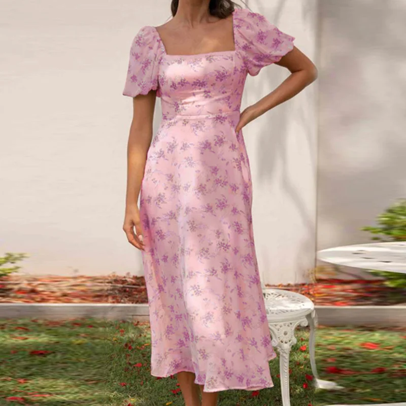 

Spring/Summer Dress New Open Back Spicy Girl Spring Bubble Sleeve Fragmented Flower Dress Women 2023