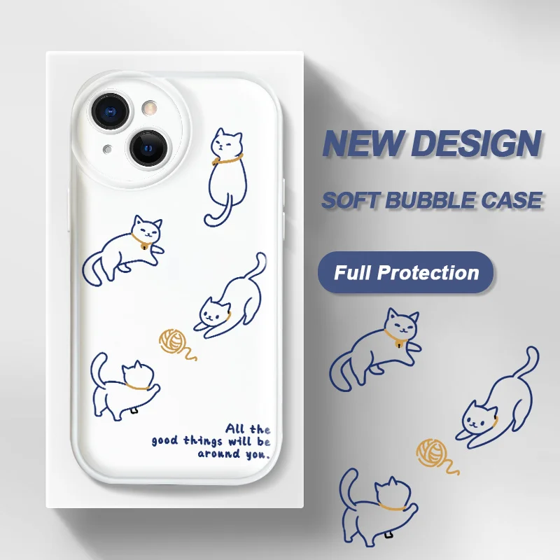 

For iPhone 14 11 12 13 Pro Max Mini 6 7 8 6S Plus SE2 SE3 X XS XS MaxCase Lovely Cat Bubble Phone Case Glossy Air Cushion Cover
