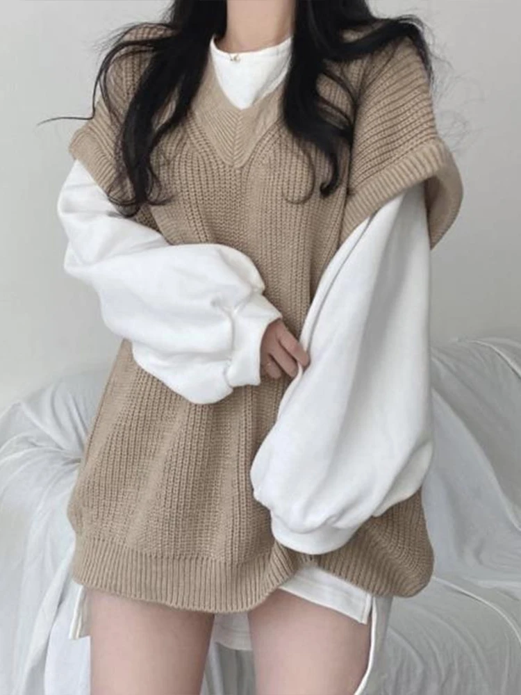 

Корейский свитер, жилет, женский модный вязаный свитер, осенний Женский Повседневный Свободный жилет оверсайз, пуловеры в стиле преппи с длинным рукавом, Топ