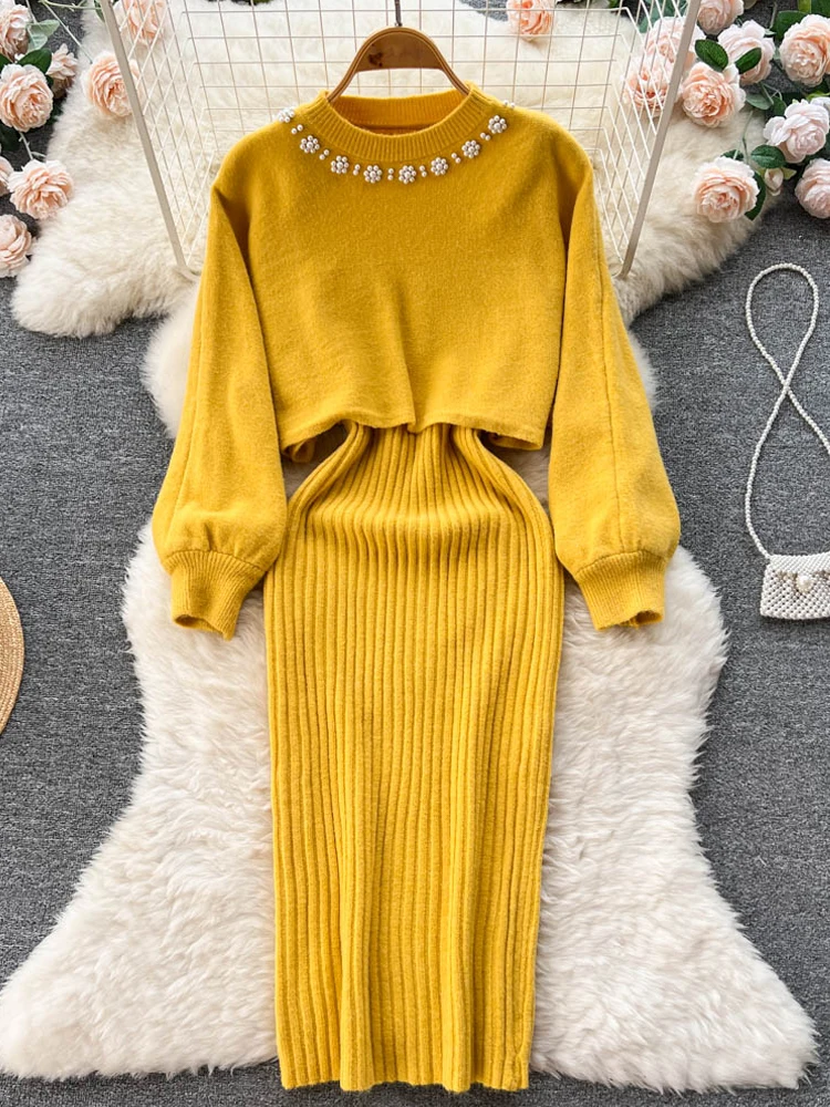 

YuooMuoo Women Dress Set 2022 Autumn Winter Elegant Pearl O-neck Knitted Sweaters + Spaghetti Strap Dress Two Piece Suits