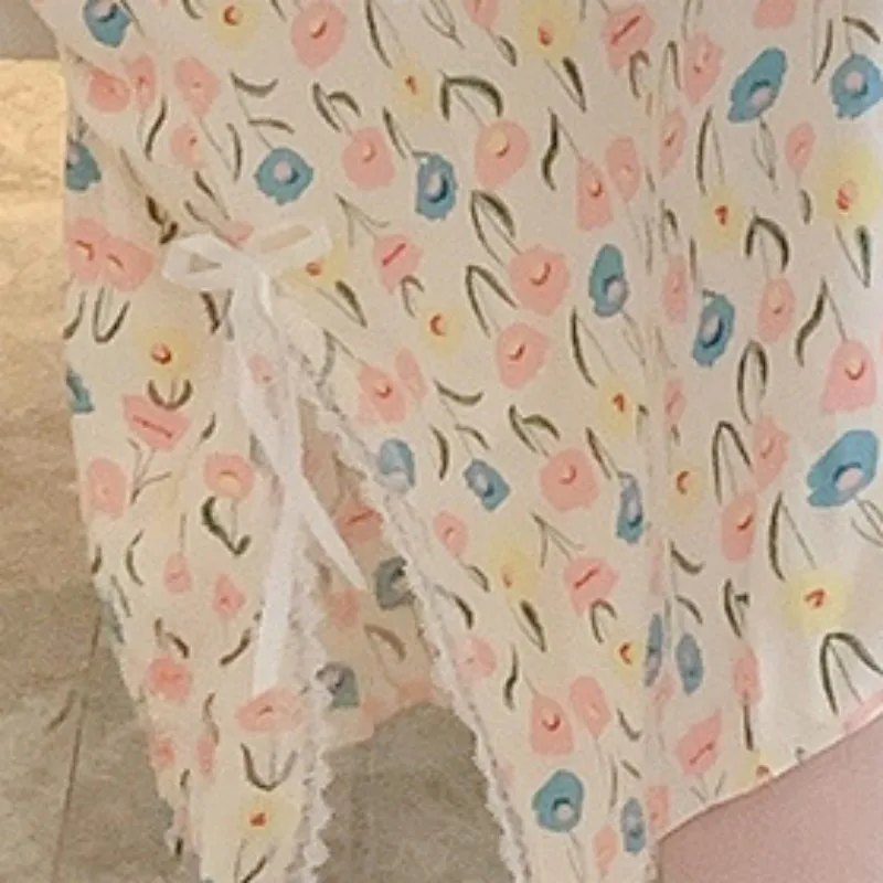 Women Summer Night Infections Printing Bra Sling Pajama Dresses Cotton Sexy Lace Long Length Student Room Wear Nighty For Lady