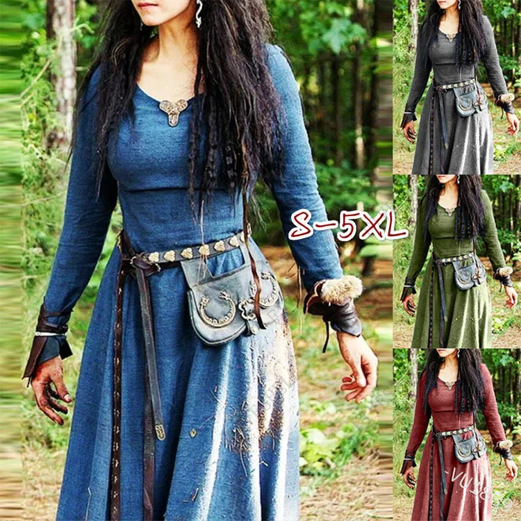 

2023 Medieval Women's High Waist Long Sleeve Dress Retro Ethnic Women's Dress Viking Women's Long Dress Plus Size S-5xl
