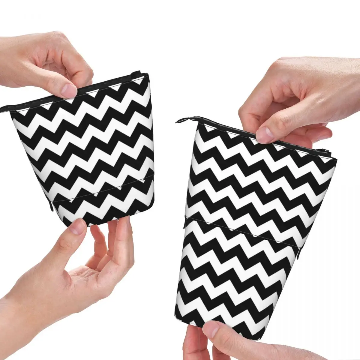 

Classic Black White Striped Fold Pencil Case Chevron Zigzag Pattern Fashion Standing Pencil Box University Teenager Pen Bags