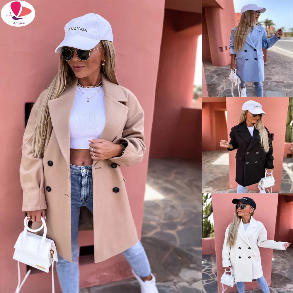 

Женский Повседневный Блейзер средней длины, элегантный двубортный шерстяной пиджак с отложным воротником и длинным рукавом, свободная однотонная верхняя одежда, осень-зима 2023