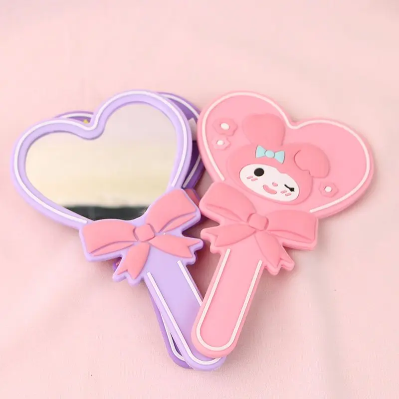 

Cute Handheld Cosmetic Mirror Kuromi Melody Cinnamoroll Heart-Shaped Handle Mirror Girl Heart Portable Make-up Mirror Gift