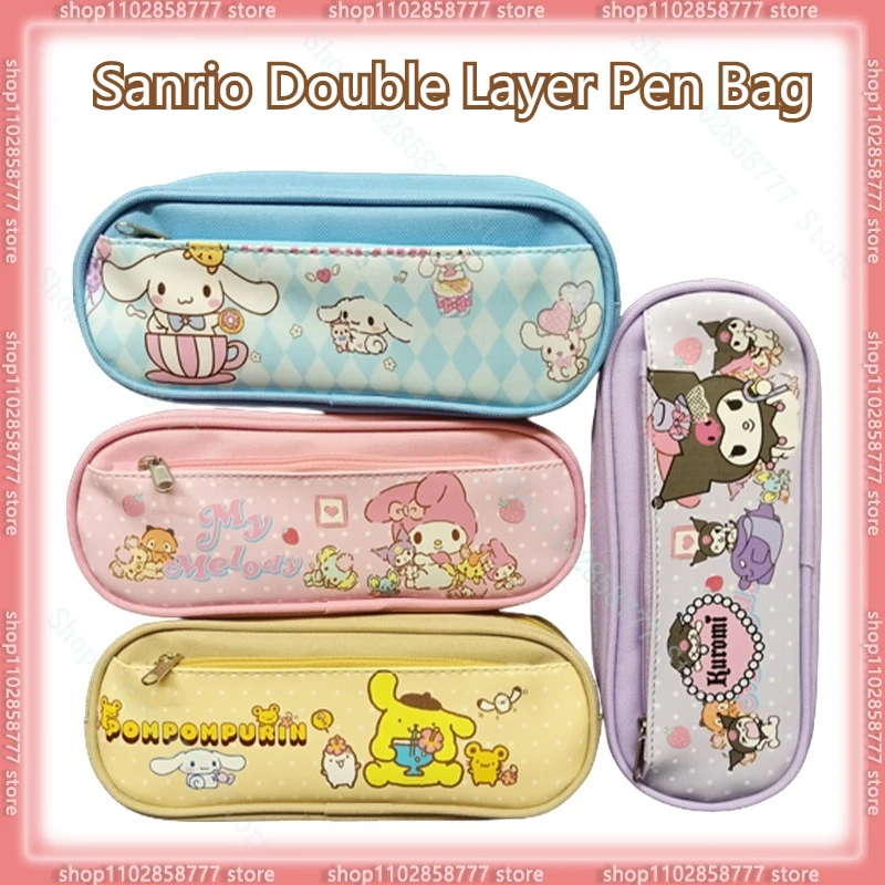 

Sanrio Double Layer Pen Bag Cartoon Cinnamoroll Pudding Dog Student Kawaii Large Capacity Pencil Box Stationery Storage Supplies