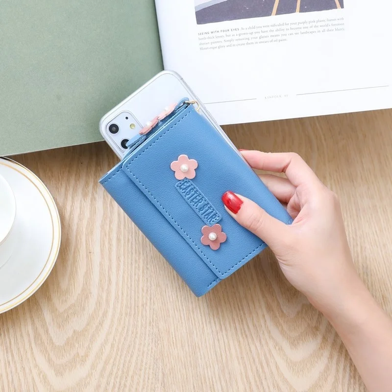 

PU Leather Wallet Ladies Casual Cute Short New Zipper Small Coin Purse Short Buckle Soft Wallet Fashion Flower Mini Card Holder