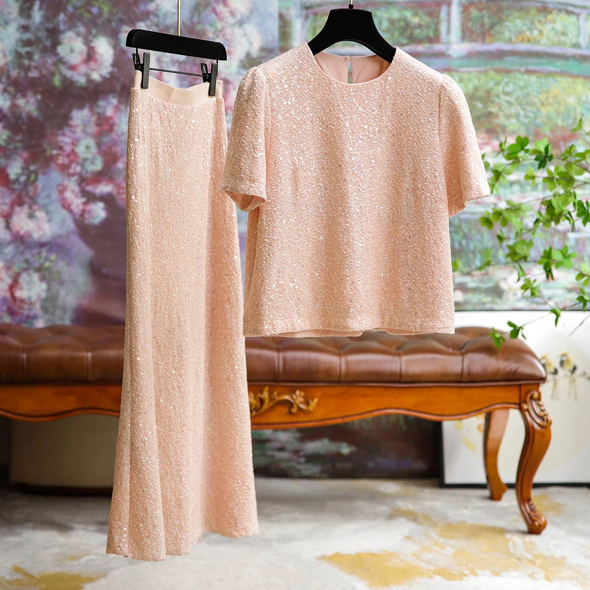 

Noble and Elegant Sequins Straight Short Top Half Skirt Fashion Suit Female Temperament Formal Occasion Two-piece Women Clothing