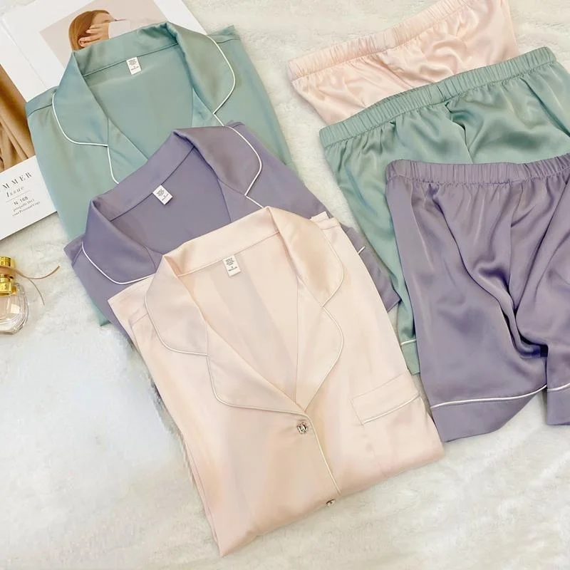 QWEEK Silk Pajamas for Women Two Piece Set Summer Satin Pyjamamas Square Diamond Buttons Solid Color Pijamas Sleepwear Nightwear