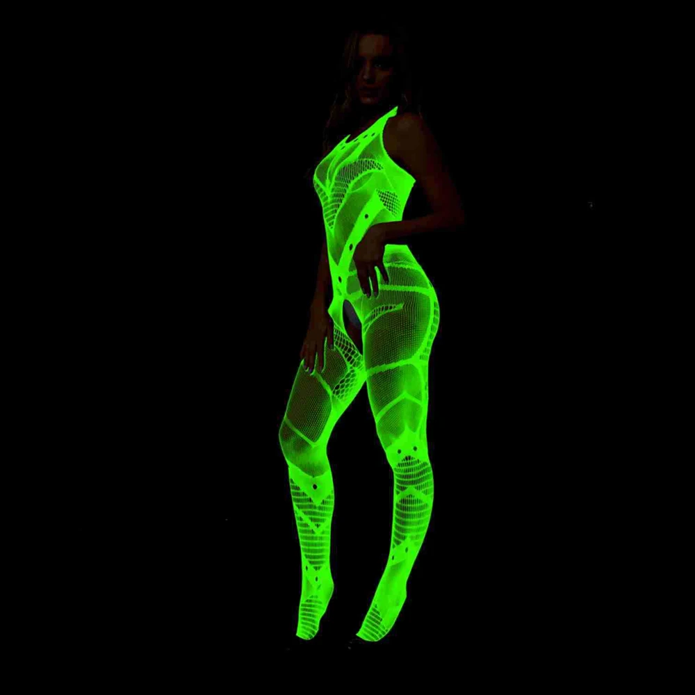 Women Luminous Full Body Stockings Clothes Erotic Mesh Hollow Out See Through Bodysuit Sexy Fish Net Tights Lingerie Costumes