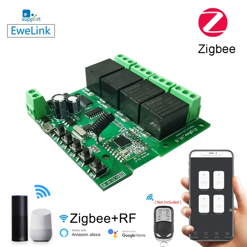 

4CH Zigbee Smart Light Switch Module DC 5/12/32V RF433 Receive 10A Relays Work with Alexa Google Assistant MQTT protocol