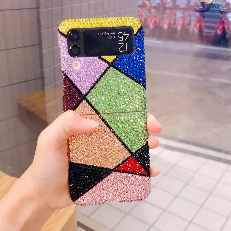 Cheap لسامسونج Zflip3 للطي شاشة حجر الراين اليد مرصع قضية الهاتف المحمول ل Fold3 S21Plus S20 S10 اللون مطابقة