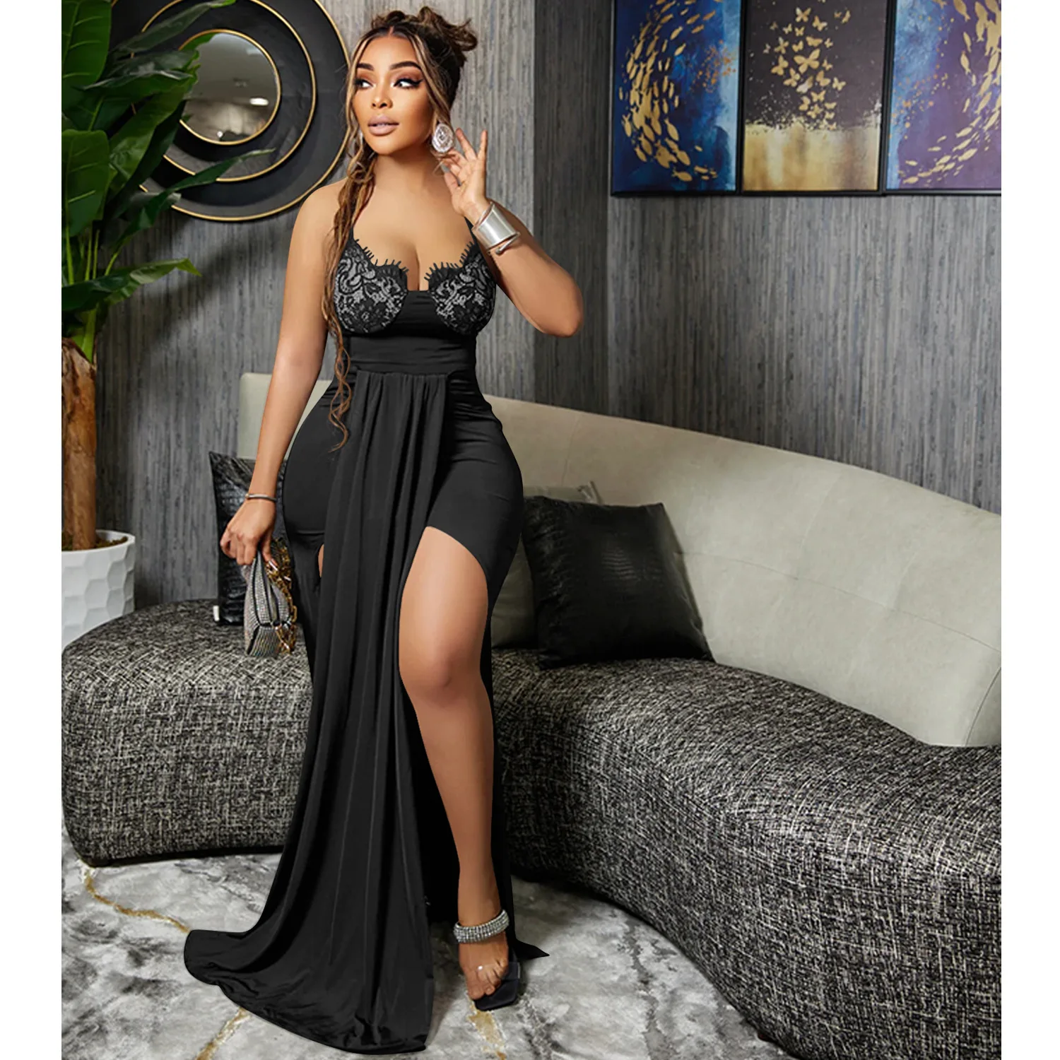 Women Elegant Applique Prom Dress Sexy Deep V-neck Party Dress Fashion Slim Waist High Split Bodycon Evening Dresses