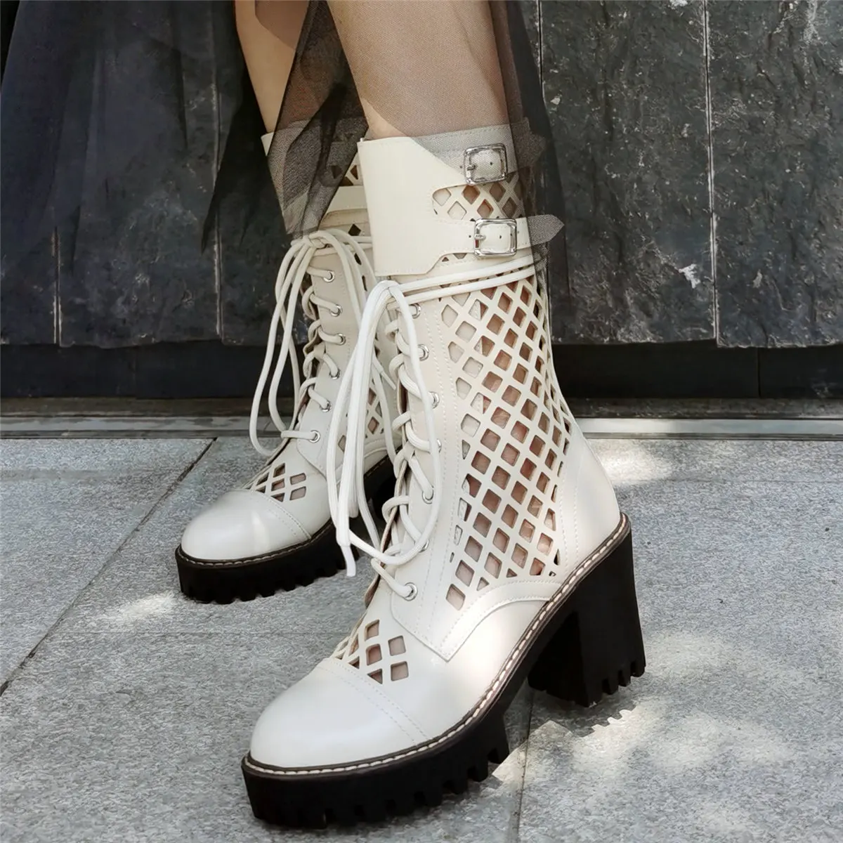 Lace Up Gladiator Sandals Women Hollow Genuine Leather High Heel Ankle Boots Female Summer Round Toe Platform Pumps Casual Shoes