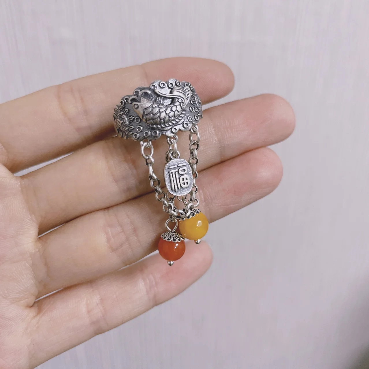 

Retro Ethnic 925 Silver Lotus Fish Tassel Rings Women Chinese Style Beeswax Red Agate Bead Adjustable Finger Ring Jewelry Gifts