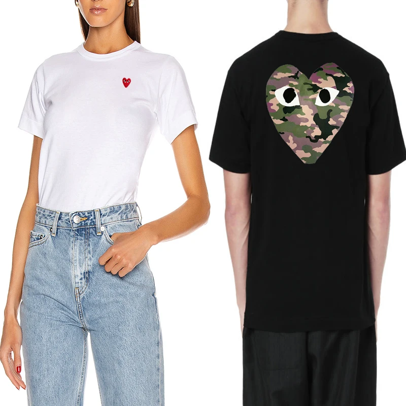 Men Women Short-sleeved T-shirt Cotton Heart Eye Embroidery Back Camouflage Dot Love Print O-neck Straight Summer Unisex |