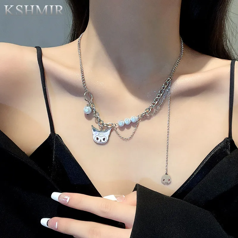 

2022 new cat head pendant necklace beautiful pearl creative stitching clavicle chain personality sweet cool sweater chain