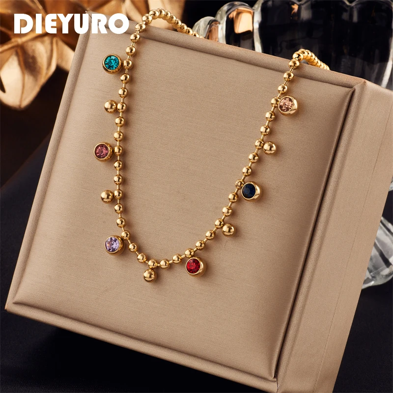 

DIEYURO 316L Stainless Steel Multicolor Crystal Zircon Necklace For Women Fashion Lady Ball Chain Wedding Party Jewelry Gifts