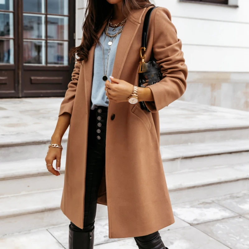 

Office Elegant Lapel Collar Button Outerwear Autumn Casual Long Sleeve Solid Midi Coat Winter Women Fashion Loose Woolen Jackets