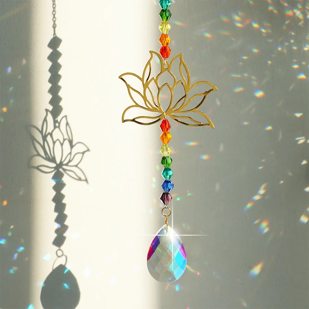 

Gold Lotus Glass Prism Sun Catcher Indoor Window Crystal Hanging Suncatcher Garden Home Decor Rainbow Maker Christmas Decoration