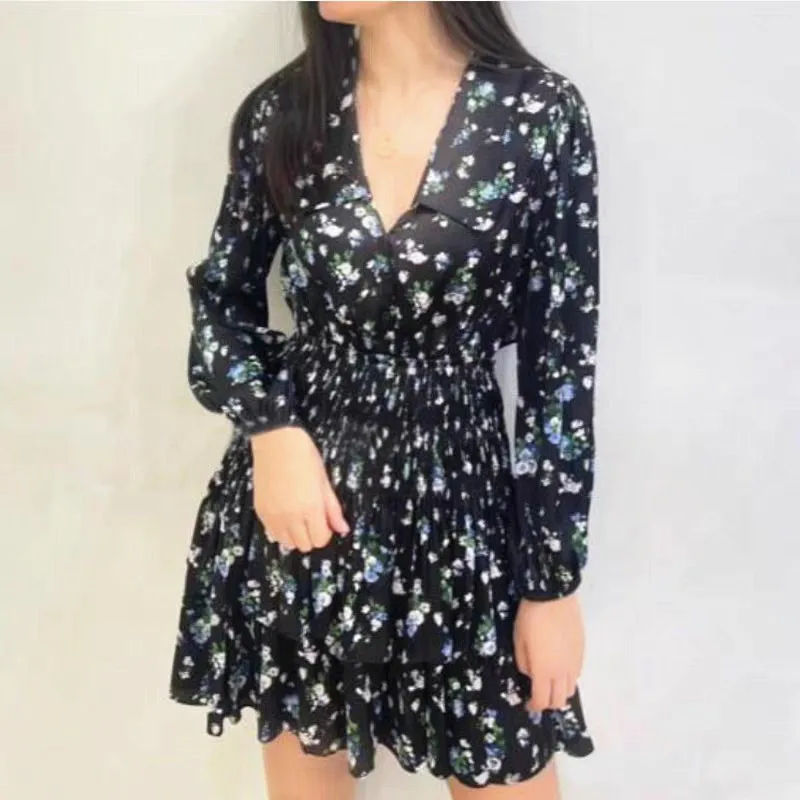 

2023 Spring New Women V-Neck Floral Printed Lantern Long Sleeve Back Hollow Out Layered Mini Dress