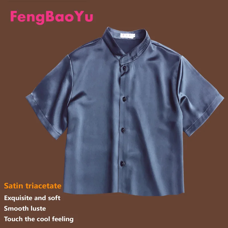 Fengbaoyu Triacetic Acid Lady Short-sleeved Vertical Collar Ultra-short Shirt Leaky Navel Blouse Young Girls Street in Summer