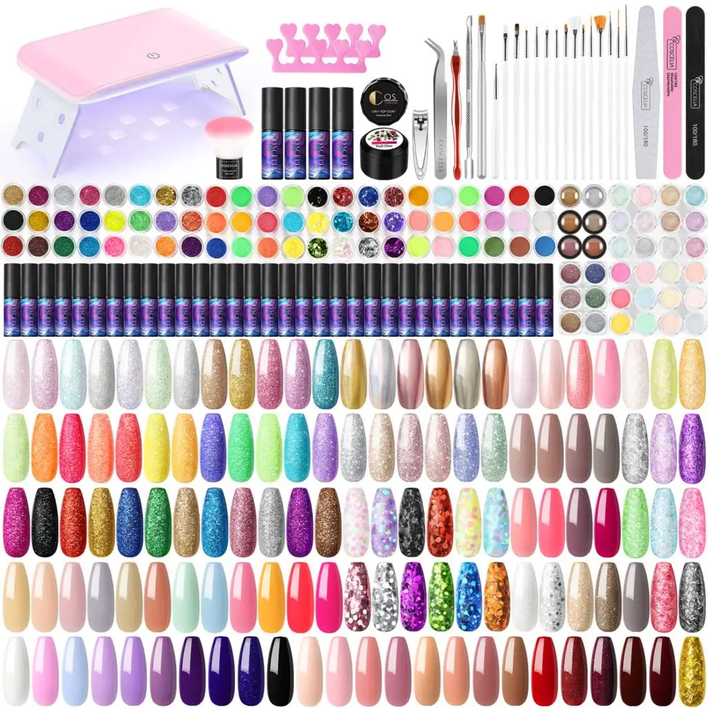 

COSCELIA Nail Gel Polish Soak Off Gel Varnish And UV LED Lamp Manicure Tools Set Base Top Coat Nail Glitter Powder Acrylic Set