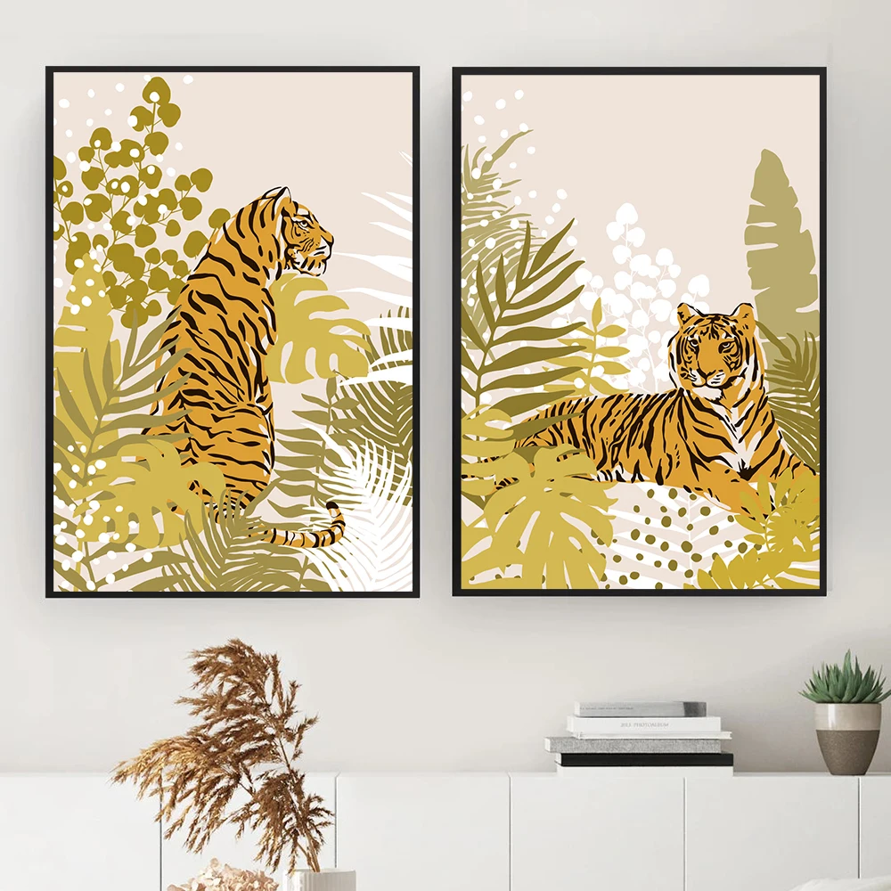 

Boho Wild Tiger Tropical Leaf Wall Art Big Cat Canvas Painting Nordic Poster And Prints Wall Pictures For Living Room Home Decor