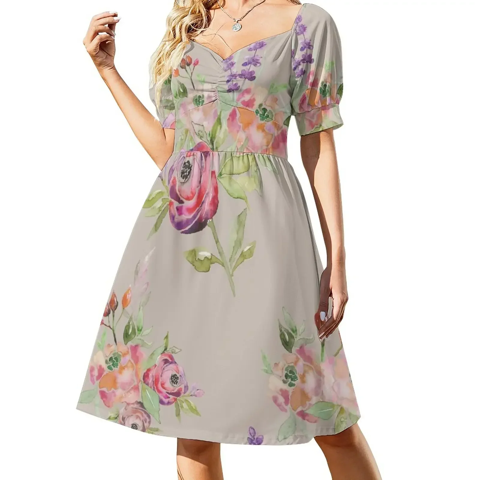 Розы и лаванда Платье с короткими рукавами Вечернее платье женские элегантные