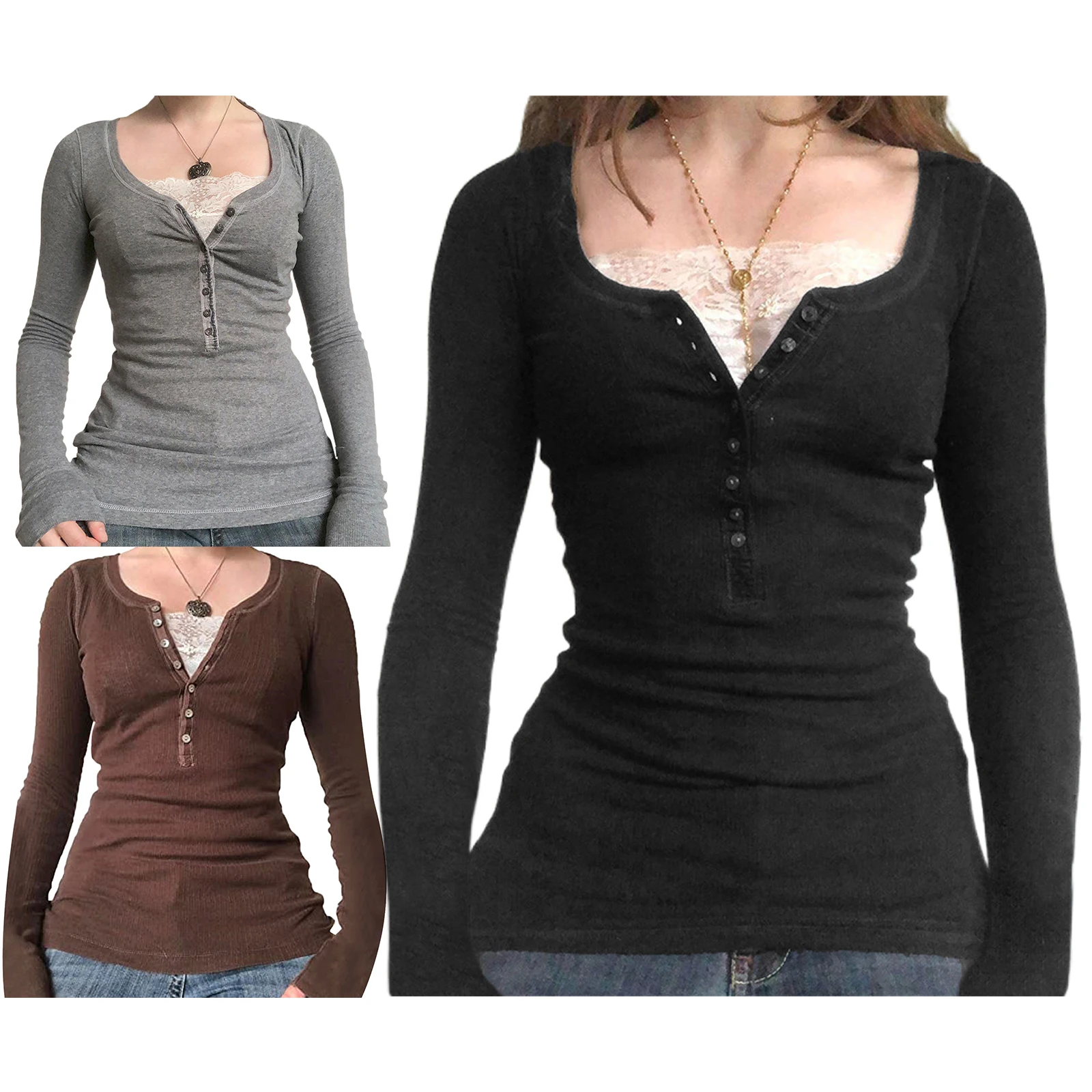 

Lace Patchwork Crop Tops Women Long Sleeve Fairycore Grunge T-Shirts Ribbed Knit Harajuku Aesthetic Tops Fall Clothing