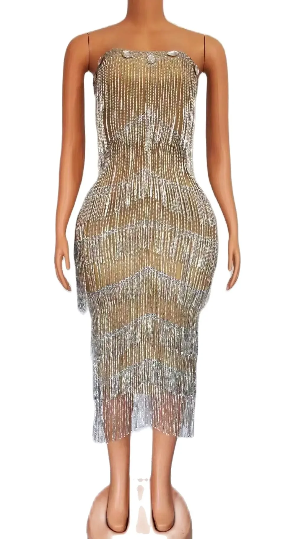 Платье без рукавов с цепочкой для женщин длинные платья бахромой и стразами