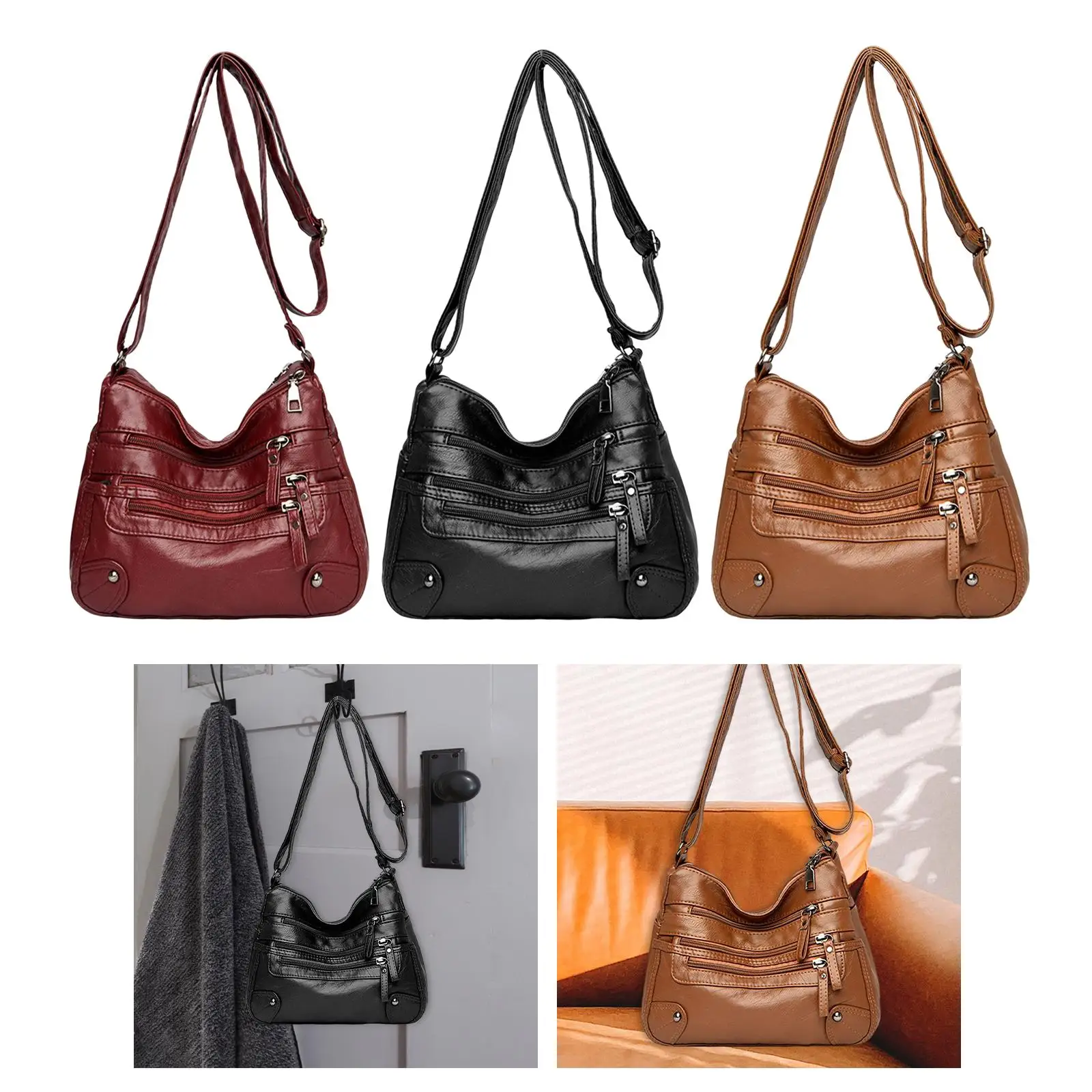 Elegant Women Soft PU Leather Shoulder Bag Big Capacity Messenger Bag, Lady Casual Adjustable Strap Multi Pockets Handbag Purse