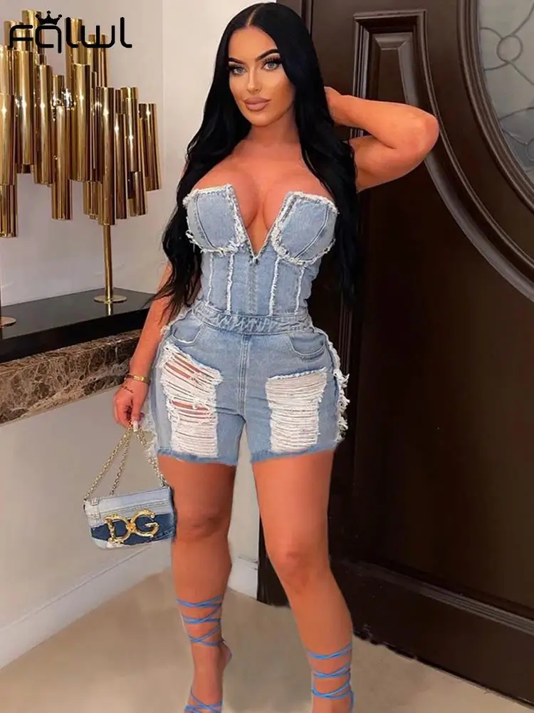 

Habbris Blue Ripped Jeans Oen Piece Rompers Party Club For Women 2023 Summer Hollow Out Zipper Rompers Strapless Denim Romper