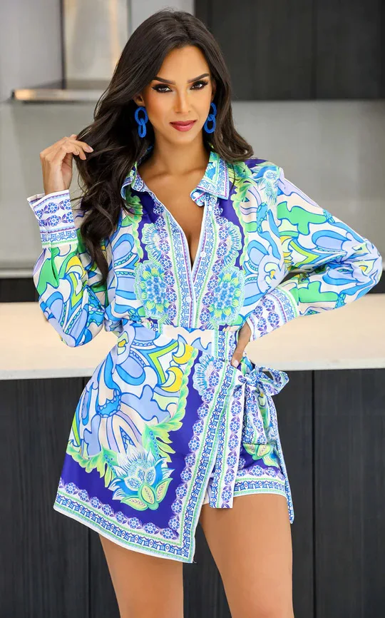 

Women Long Sleeve Shirt Top and Split Side Skirt Shorts Matching Set Tracksuit Vintage Two 2 Piece Set Outfits