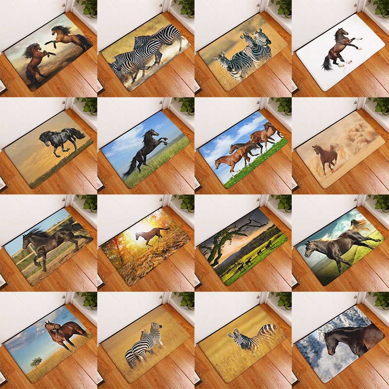

Decorative Hallway Entrance Doormat Horse Print Non Slip Bathroom Carpet Flannel Kitchen Rug Home Decor Indoor Floor Mat