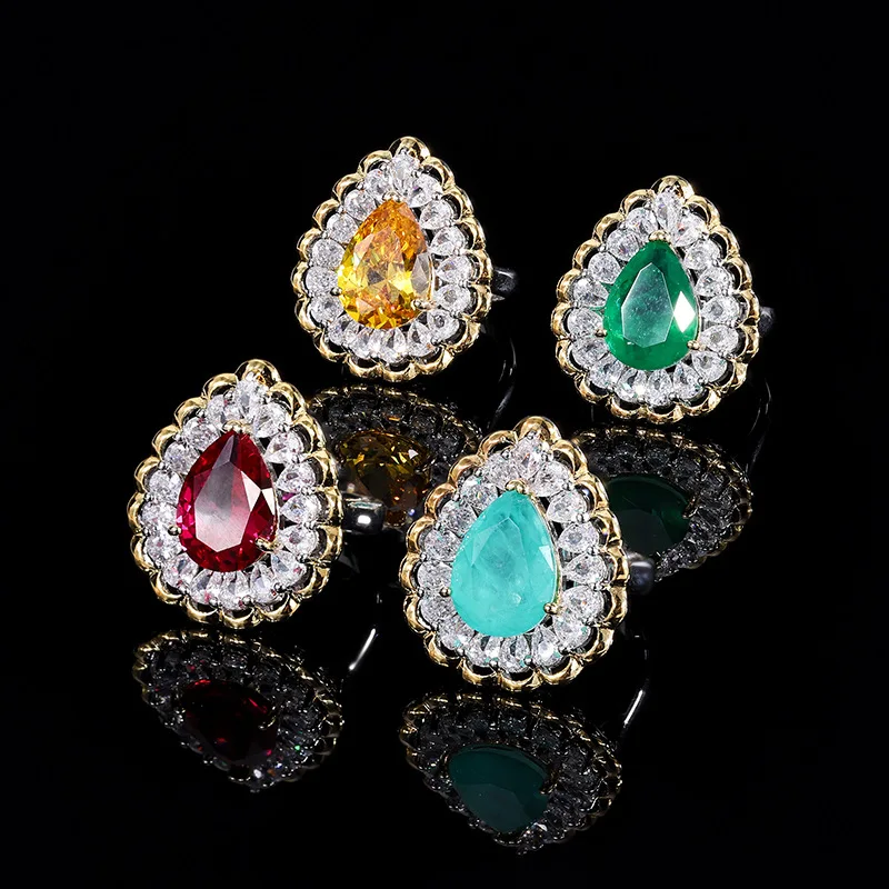 

Vintage Water Drop Adjustable Ring with Paraiba High Carbon Diamond Wedding Anniversary Gift Spring New Arrival Women Jewelry