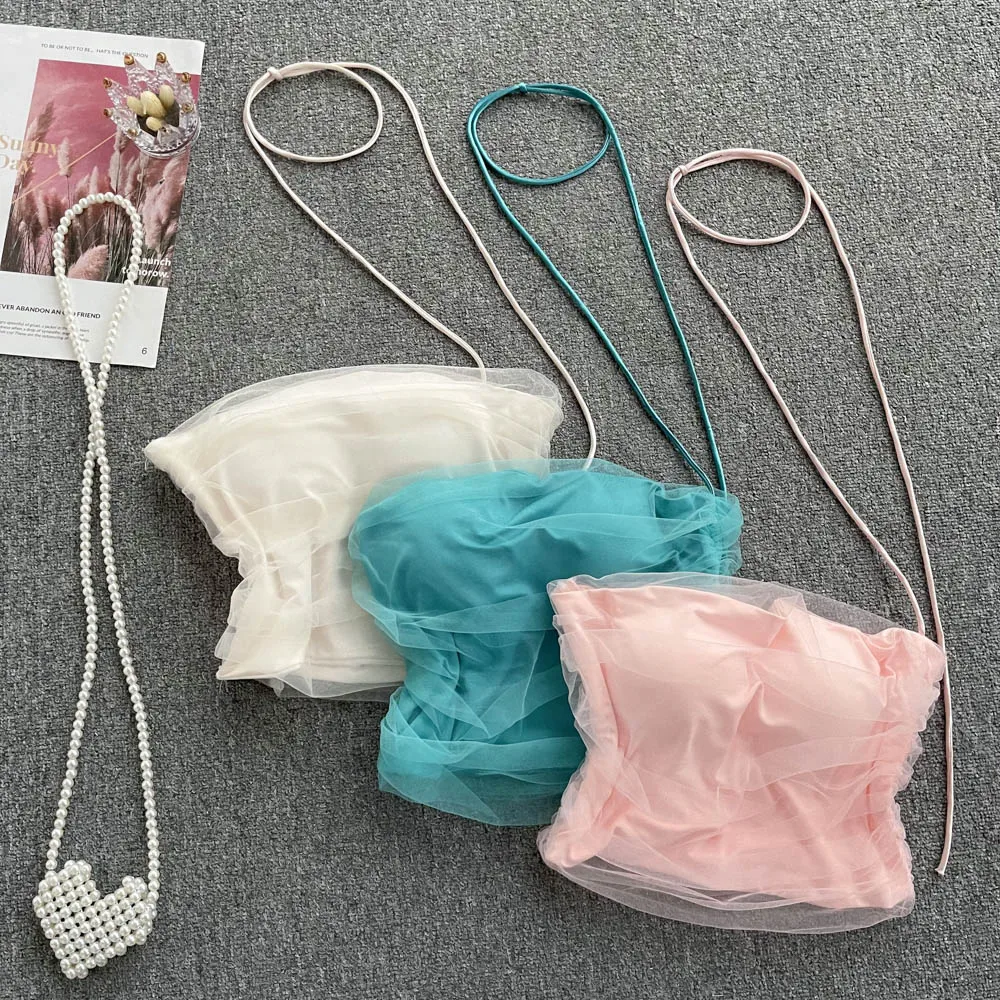 

Hault Sexy Tank Top Women Halter Crop Tops Woman Bras Binder Chest Lace Mesh Corset Femme Sweet y2k Camisole Dropshipping