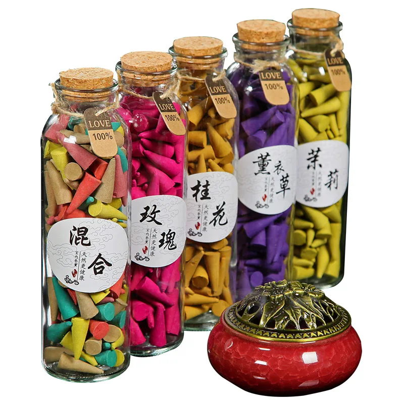 

1 Bottle 128 Pieces Incense Cones & 1 PC Ceramic Incense Burner Natural Sandalwood Pagoda Incense Cones Aromatherapy Deodorant