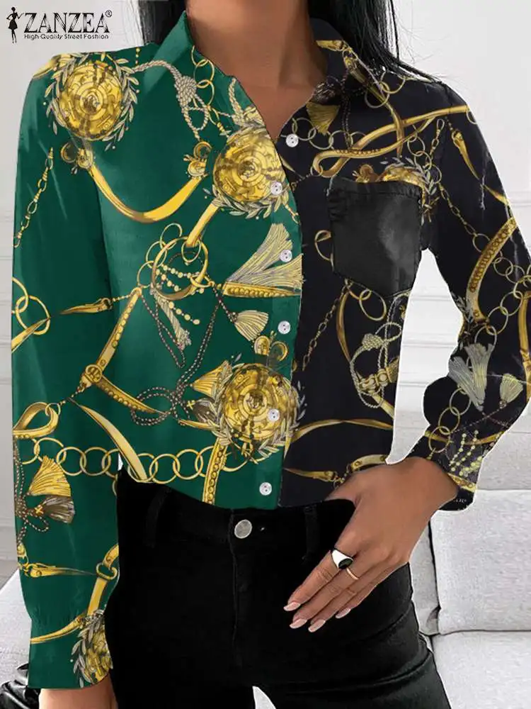

ZANZEA Ladies Fashion Printed Blouse Blusas Office Tops Long Sleeve Tops Femininas Oversized Women Casual Shirt Ladies OL 2022