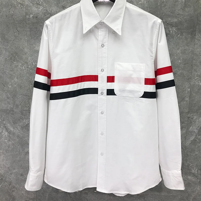 TB THOM Men's Shirt Korean Style Transversed Chest RWB Stripe Blouses Fashion Brand Office Formal Slim Fit Dress Solid Shirts