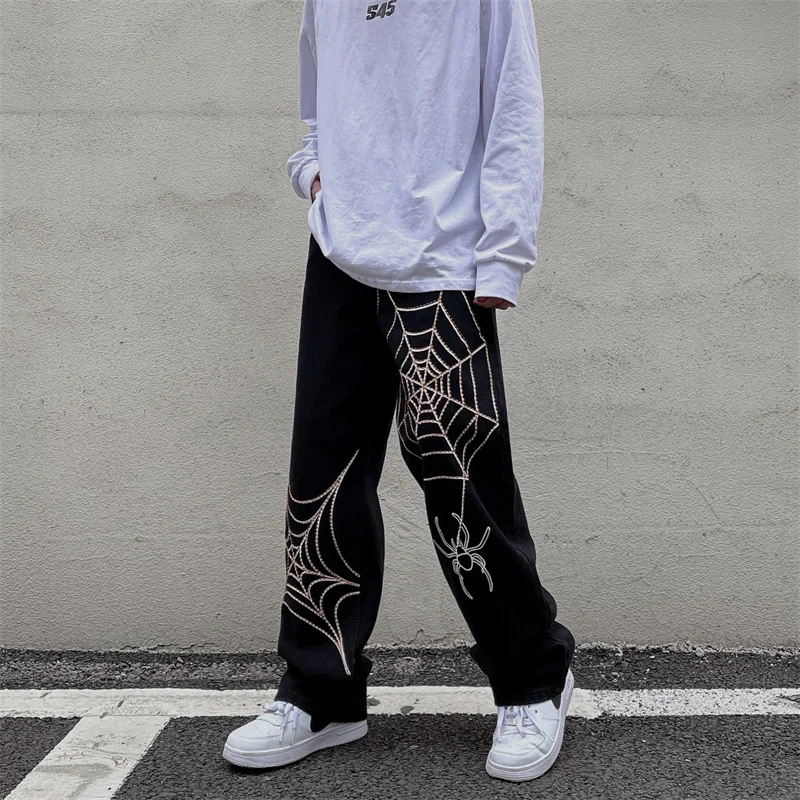 High Street Vibe Spider Web Jeans Men's Spring And Autumn Fashion Brand Ins Street Fashion Design Wide Leg Pants