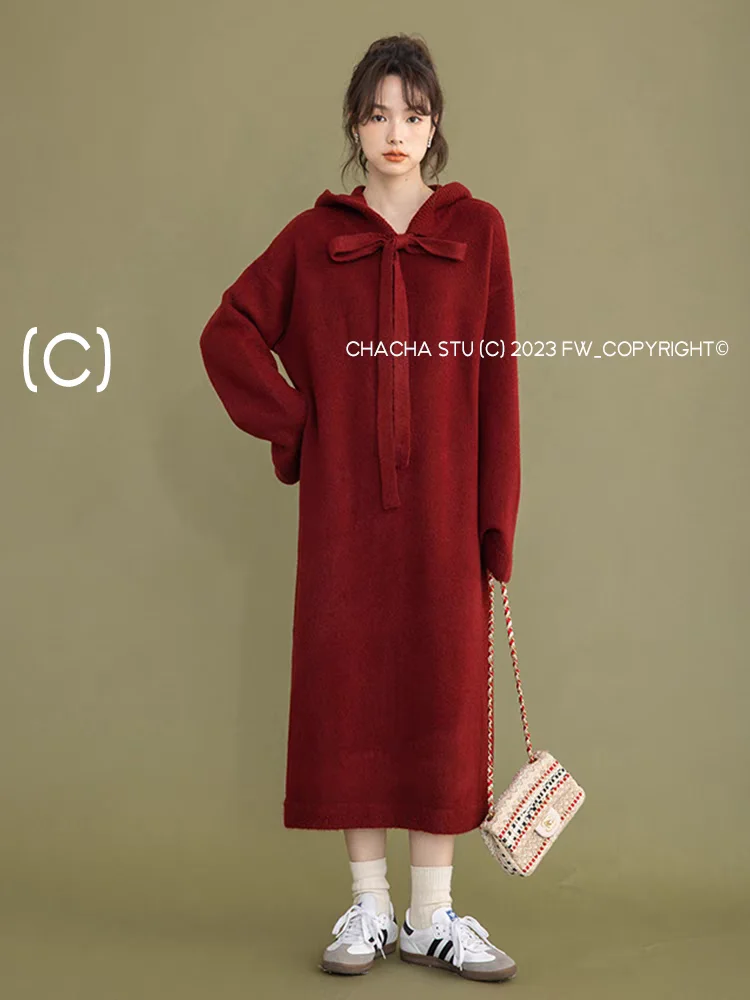 Gaganight женское серое трикотажное платье с капюшоном 2024 осенне-зимнее новое