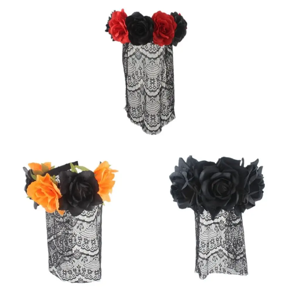 

Lace Veil Halloween Headband Sexy Polyester Fabric Red Rose Floral Hair Band Alloy Black Flowers Headdress Girls