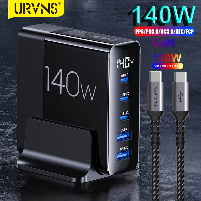 URVNS GaN 140W Fast Charger LED Display USB-C PD 100W PPS45W Charging Station USB Desktop Adapter for iPhone 14 13 Galaxy Xiaomi