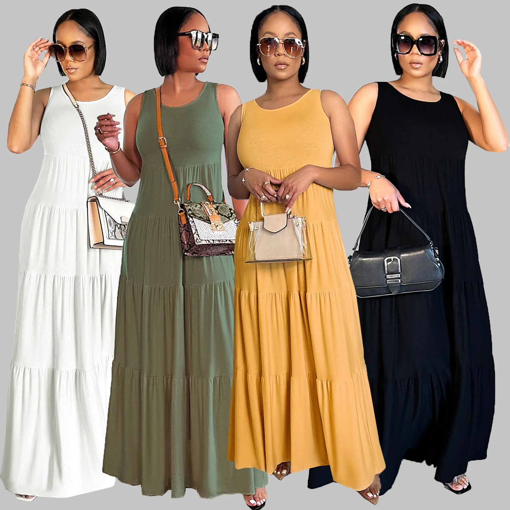 

Женское Плиссированное длинное платье-чехол, повседневное простое свободное платье макси без рукавов с круглым вырезом, пляжная одежда, женский сарафан, лето 2023